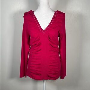 Cache Fuchsia V-Neck Blouse with Rhinestone Detail